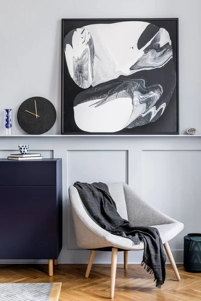 Interior Design Living Room Stylish Navy Blue Commode Grey Armchair — Stock Photo, Image