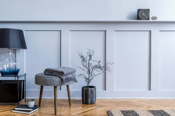 Diseño Interior Salón Escandinavo Con Mesa Centro Moderna Taburete Gris — Foto de Stock