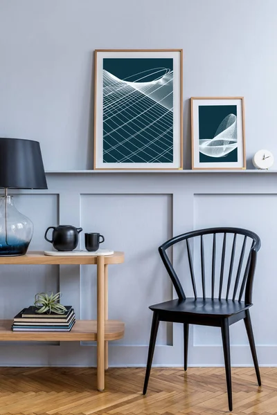 Stylish Scandinavian Living Room Interior Design Black Chair Wooden Console — Stock Photo, Image