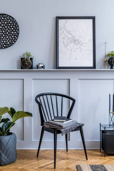 Interior Design Scandinavian Living Room Black Mock Poster Map Stylish — Stock Photo, Image