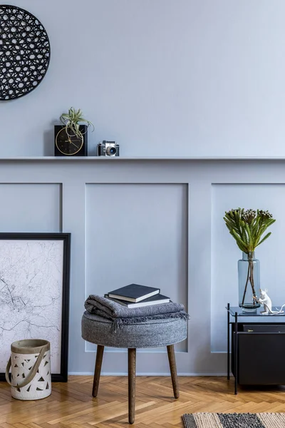 Interior Design Scandinavian Living Room Black Mock Poster Map Grey — Stock Photo, Image