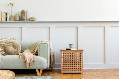 Tasarım kanepesi, kahve masası, bitki, kitaplar, dekorasyon, yastıklar, ekose, halı, ahşap paneller ve şık ev dekorasyonunda zarif persoanl aksesuarlar ile oturma odasının minimalist kompozisyonu.