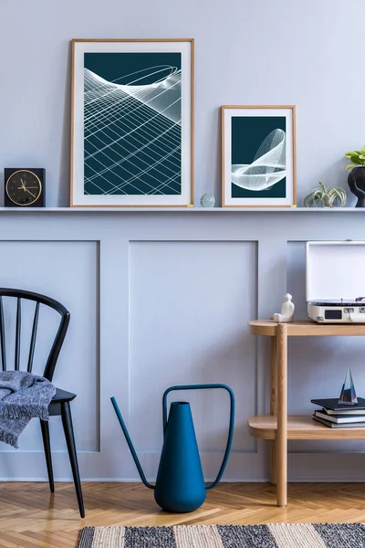 Stylish Scandinavian Living Room Interior Design Black Chair Wooden Console — Stock Photo, Image