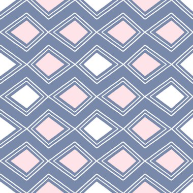 Beyaz, pembe ve maviyle çizilmiş elmasların kusursuz tasarımı. Modern bir soyut vektör geometrik desen .