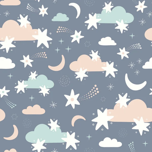 별, 달, 구름 패턴 디자인 배경. 귀여운 벡터 밤하늘 반복. — 스톡 벡터