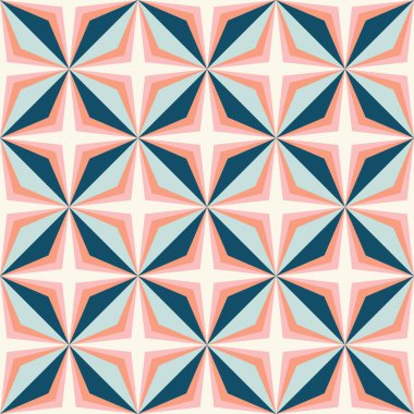 Mavi ve turuncu olan yıldız ve elmas şekilli soyut geometrik vektör tekrarlama şablonu. Parlak eğlence kusursuz tasarım.