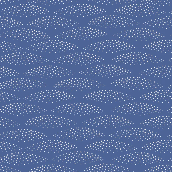Abstraktes Punktmuster-Design Hintergrund in Wellenformen. Vektor nahtlose Wiederholung von Flecken in Marineblau und Weiß. — Stockvektor
