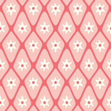 Yıldız ve elmas şekilli tasarım arka planı. Tatlı geometrik vektör pembe ve kırmızı ile tekrarlanıyor.