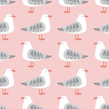 Martı vektör deseni tasarımı. Pembe, gri ve turuncu renkli deniz kuşunun kusursuz arka planı.