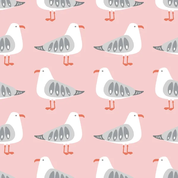 Diseño de patrón vectorial de gaviota. Lindo fondo de repetición sin costuras de aves marinas en rosa, gris y naranja . — Vector de stock