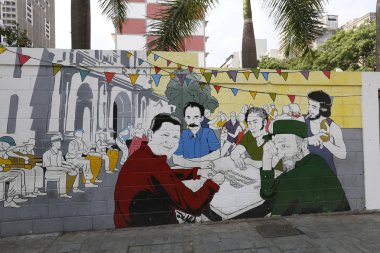 Caracas, Venezuela - 06 Mayıs 2014 - tasarım Wall Street ile hugo chaves, ernesto che guevara, nicolsa maduro e fidel castro domino oynuyor