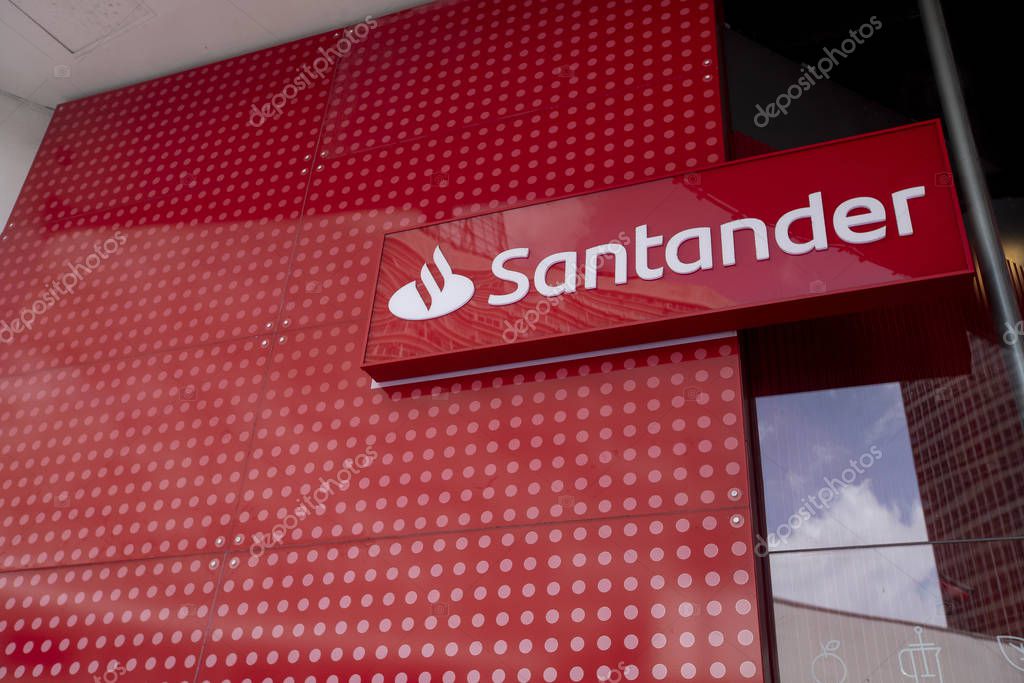 Sao Paulo, Brazil -  december 29 2019 - Logo of Santander, a Spanish multinational commercial bank and financial services company founded in 185