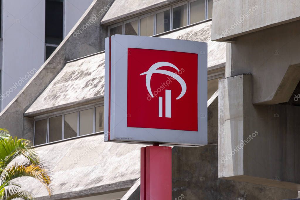 Sao Paulo, Brazil -  december 29 2019 - Closeup of the lettering and logo of  Bradesco bank branch. Facade of bank branch, advertising sign and logo