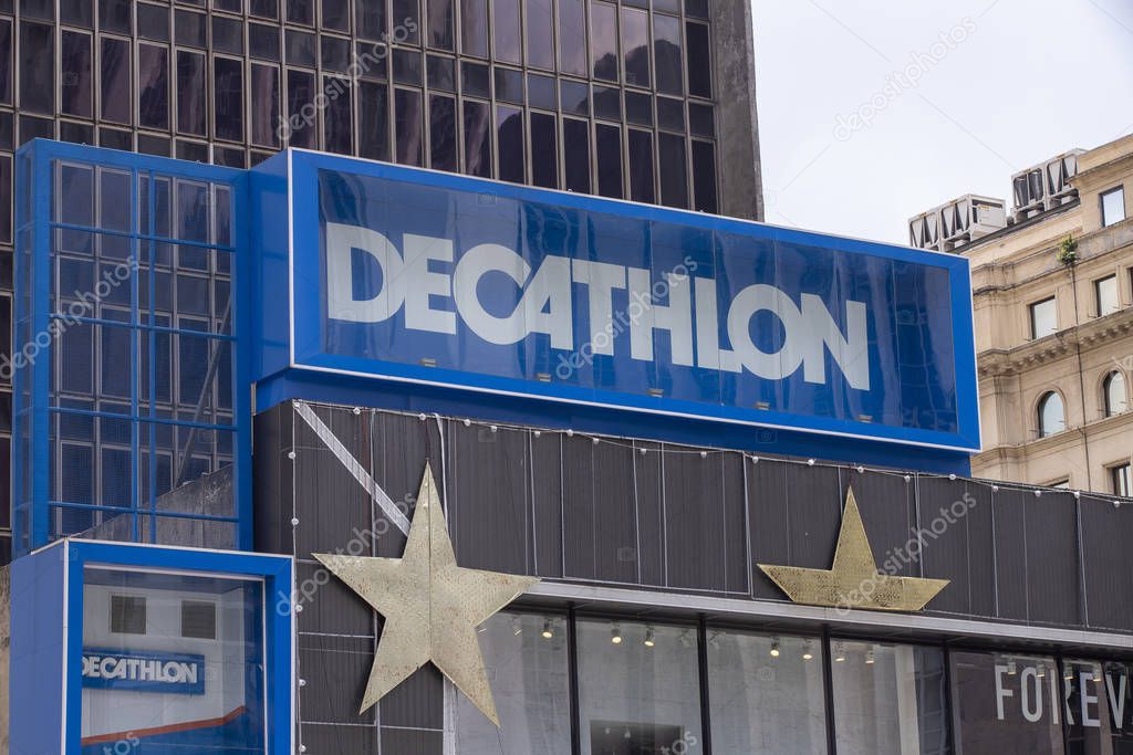Sao Paulo, Brazil -  december 29 2019 -  Decathlon sign on building in Paulista avenue. Decathlon is a french company and one of the world's largest sporting goods retailers