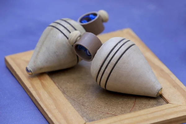 Close Wooden Spinning Top Vintage Toy — Stock Photo, Image