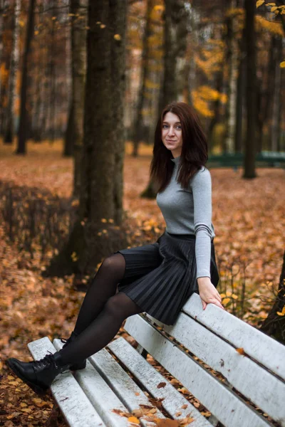 Portrait d'automne de jeune femme dans le parc d'automne, assise sur le dos d'un banc blanc et profitant du paysage automnal, portant badlon et jupe noire. Feuilles et arbres tombés colorés sur le fond — Photo