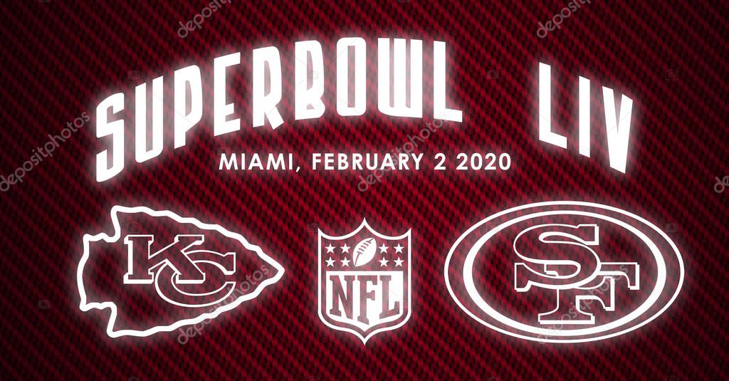 Graphics: Glowing logos of NFL, KC Chiefs and SF 49ers on red background