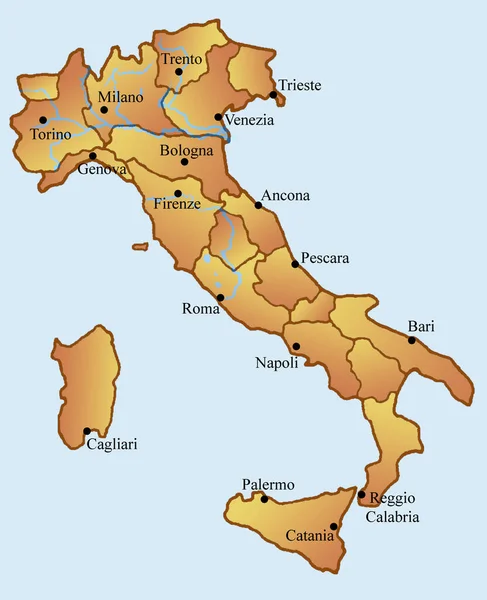 意大利地图 分为20个区域 黑点代表主要城镇 — 图库照片