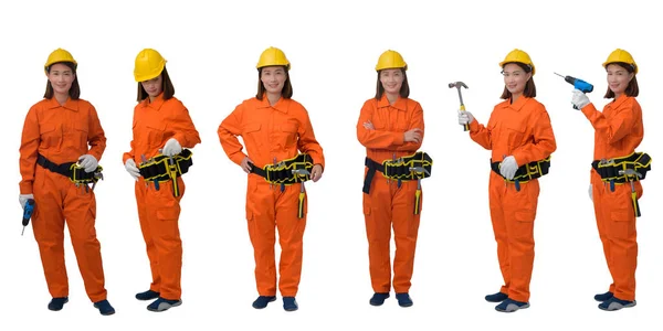 Coleção de trabalhadores de construção vestindo Orange Protective — Fotografia de Stock