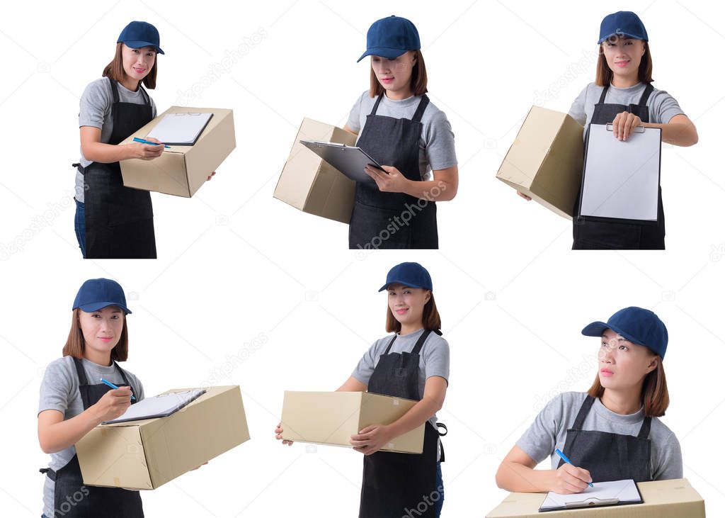 Collection set of delivery woman in Gray shirt and apron with st