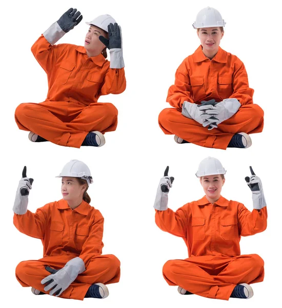 Collectie set van Full body portret van een vrouw werknemer Sitting i — Stockfoto