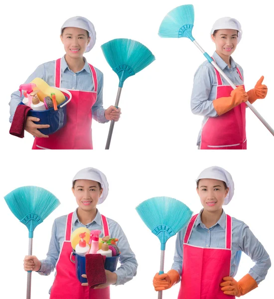 Collection set of happy woman holding a bucket full of cleaning — 스톡 사진