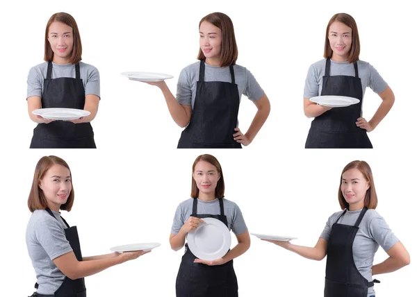 Collectie Set Van Portret Van Serveerster Leveringsvrouw Dienstvrouw Grijs Shirt — Stockfoto