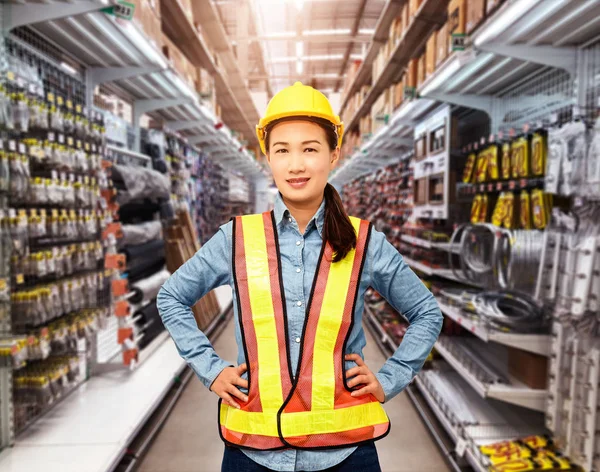 Portrait Female Staff Warehouse Operator Blurred Background Construction Material Product Royalty Free Stock Photos