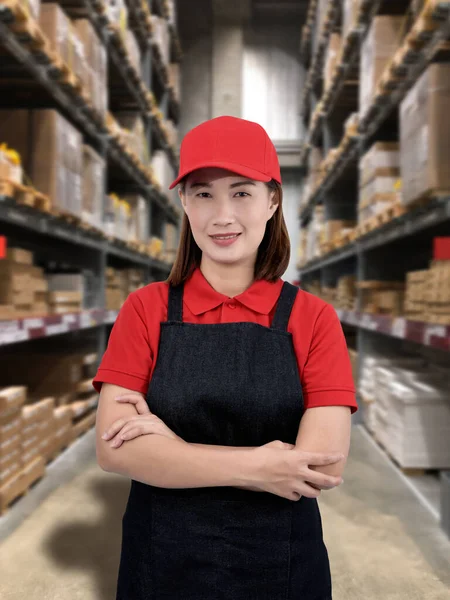 Vrouwelijke Operator Uniform Product Plank Met Wazig Achtergrond Van Het — Stockfoto