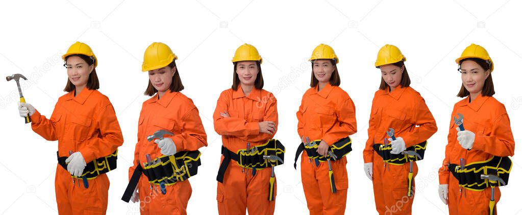Collection set of construction woman workers wearing Orange Protective clothes, helmet hand holding Craftsman tool with tool belt isolated on white background