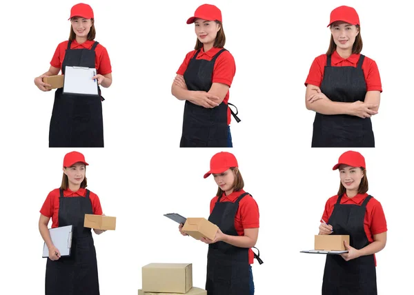 Coleção Conjunto Mulher Retrato Entrega Uniforme Vermelho Caixas Encomendas Fazendo — Fotografia de Stock