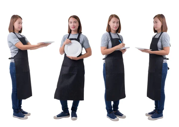 Collection Set Portrait Waitress Delivery Woman Servicewoman Gray Shirt Apron Royalty Free Stock Photos