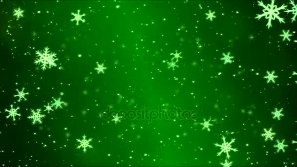 Μετακίνηση μέσα από τα πολύχρωμα εκ περιτροπής νιφάδες χιονιού - βρόχος πράσινο — Αρχείο Βίντεο