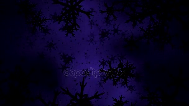 Двигаясь сквозь черные вращающиеся снежинки - петля фиолетового цвета — стоковое видео
