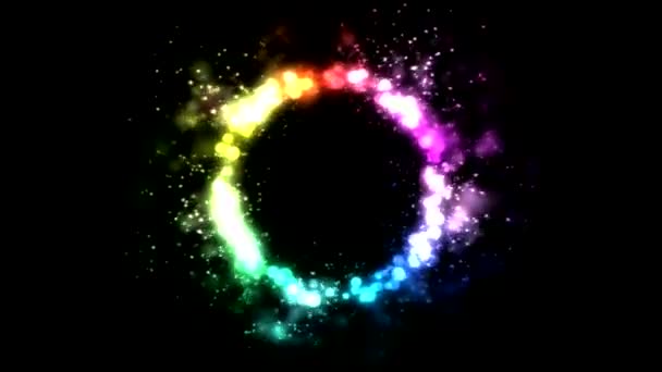 Bunte Leuchtende Und Rotierende Lichtteilchen Ringform Nahtloser Schleifenregenbogen — Stockvideo