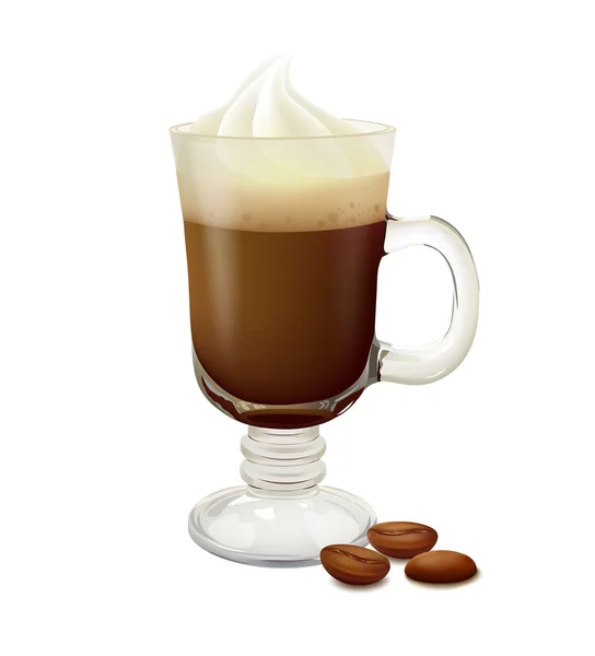 Irish coffee in a glass with coffee beans on white background — Stock Vector