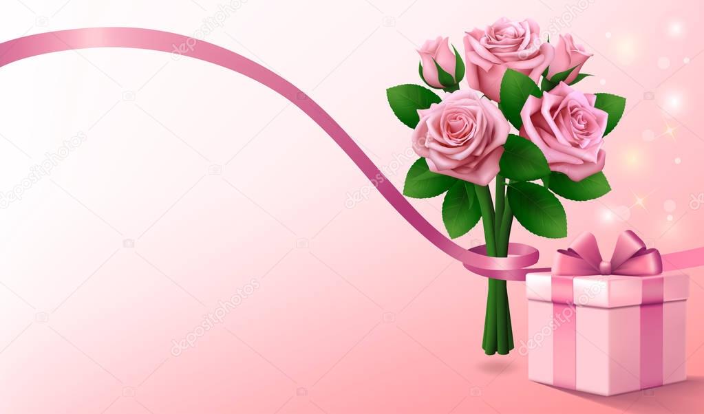 Light pink greeting background with gift box and bouquet of pink roses with ribbon. Copy space for text. 