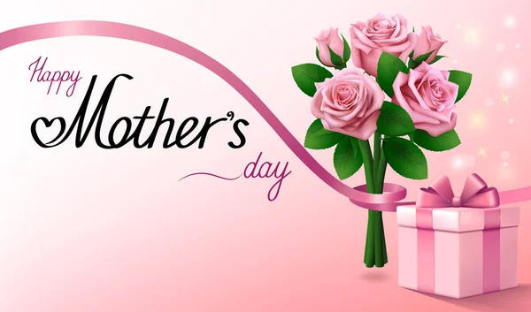 Šťastné matky den. Dárkové krabice a kytice z růžových růží s mašlí. Světle růžová pozdrav pozadí. — Stockový vektor