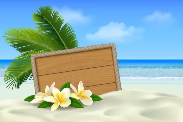 Pozostawia drewniany szyld na tropikalnej plaży z białym piaskiem, plumeria kwiatów i palm. Lato na tle z miejscem dla tekstu — Wektor stockowy