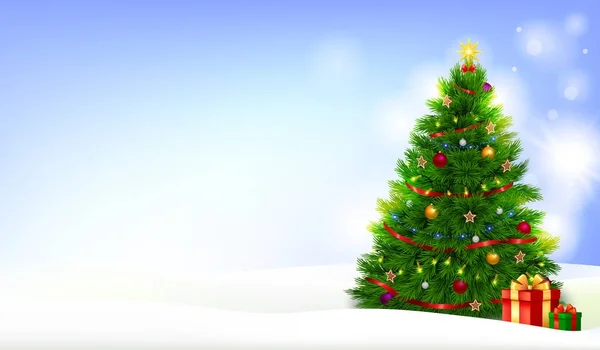 Kar manzara içinde mevcut kutuları ile Noel ağacı dekore edilmiş — Stok Vektör