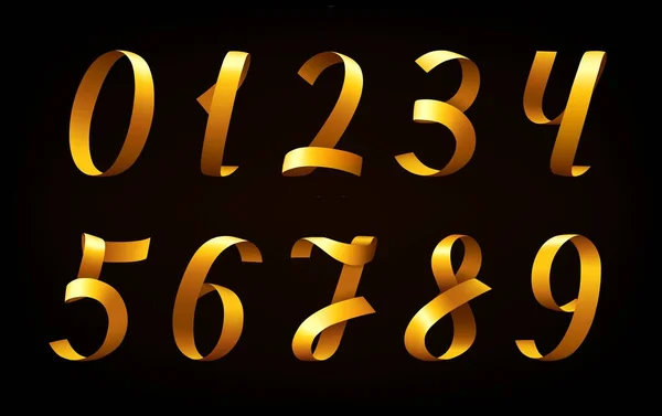 Altın şerit numaraları. Sayılar şeklinde altın şerit siyah arka plan üzerinde ayarlayın. İtalik yazı tipi. Vektör çizim.