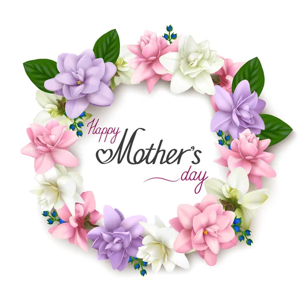 白い背景の上の現実的な花の花輪と母の日グリーティング カード 影テキスト ハッピー母の日の挨拶とベクトル花のフレーム — ストックベクタ