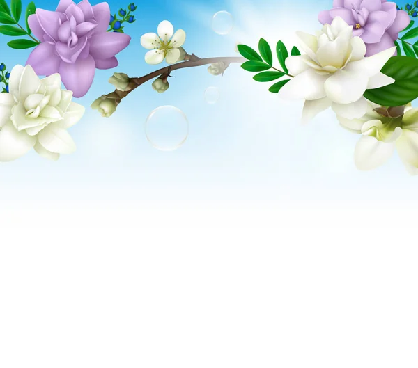 Tło Wiosna Realistyczne Światła Purpurowy Biały Podwójne Kwiaty Żonkila Liści — Wektor stockowy