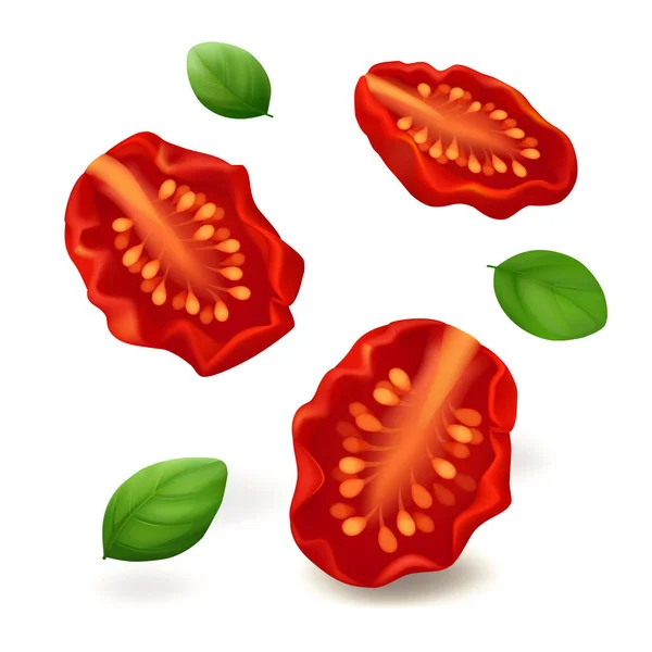 Three Sun Dried Tomatoes Fresh Basil Leaves Flying Air Isolated — Stock Vector