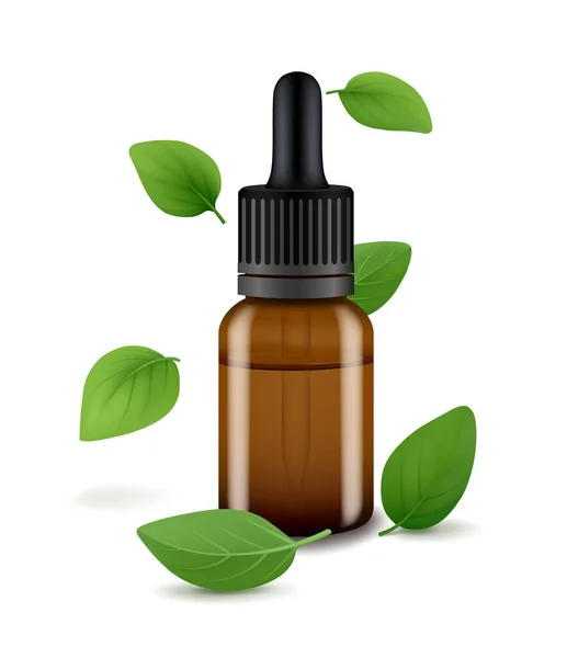 Bottle Essential Oil Oregano Leaves Flying Isolated White Background Realistic — Stock Vector