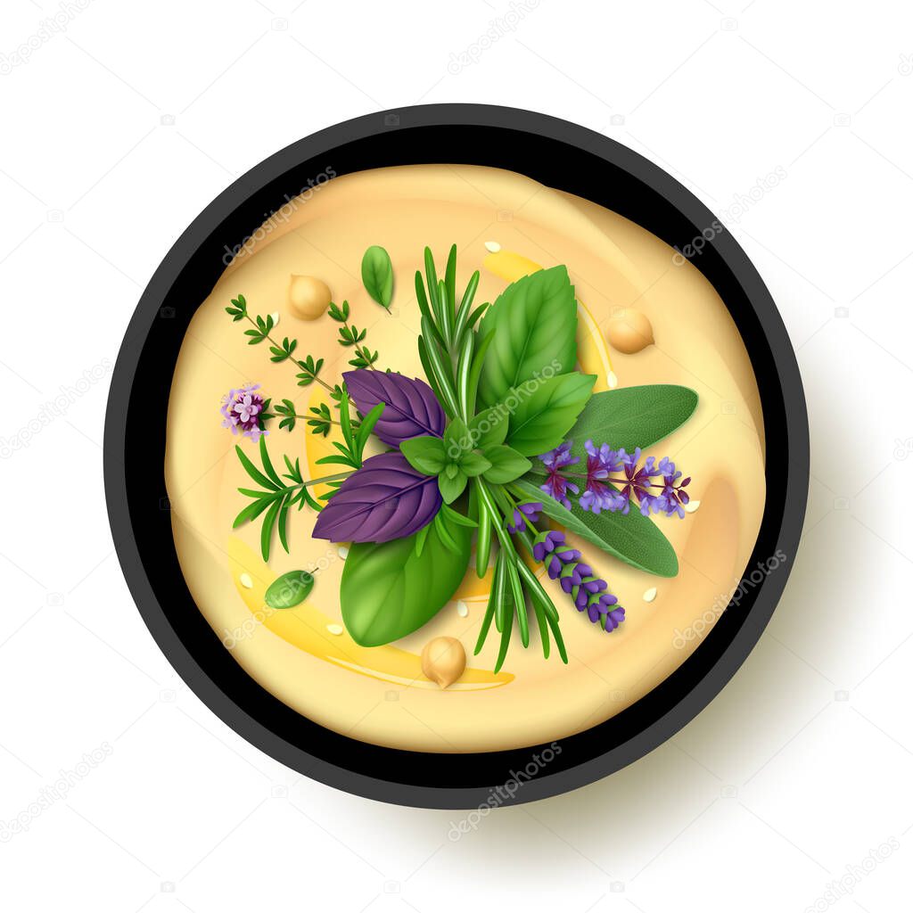 Hummus plate with whole chickpeas and fresh herbs de Provence. Top view. Isolated on white background. Realistic vector illustration