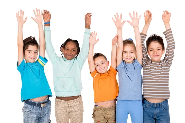 Grupo de niños con las manos levantadas — Foto de Stock