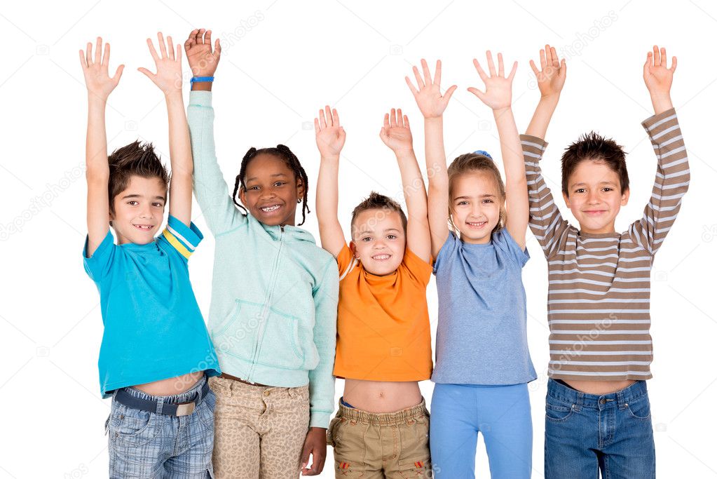 Group of children with raised hands