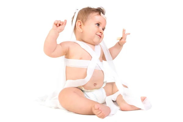 Beautiful baby with bandages — Stock Photo, Image