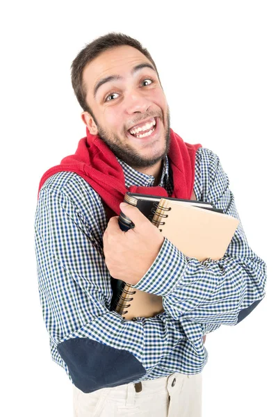 Nerd posiert mit Büchern — Stockfoto